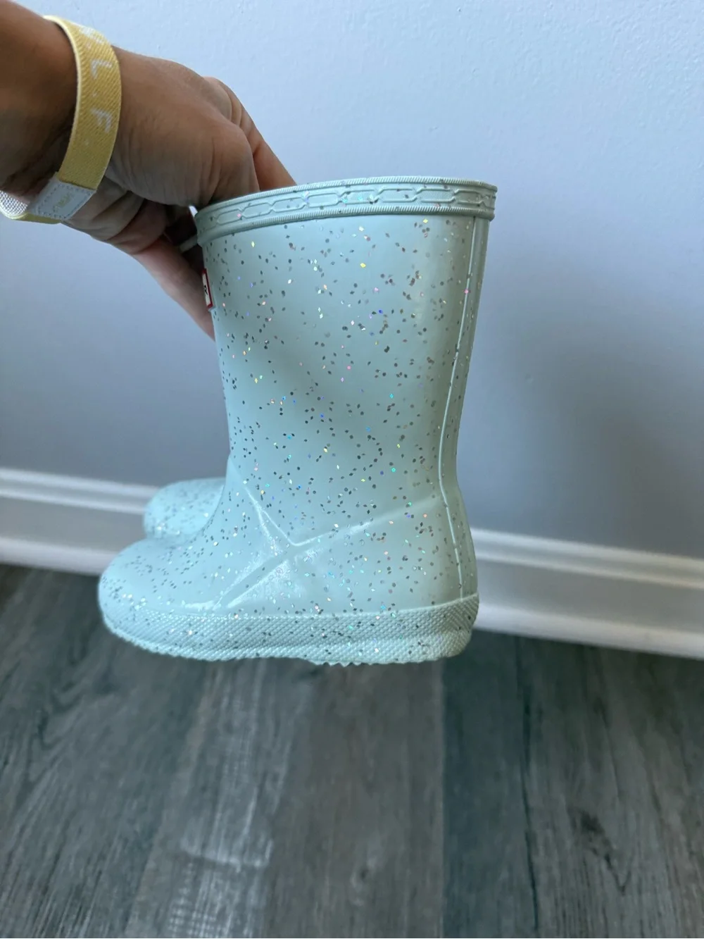 HUNTER Kids First Giant Glitter Sparkly Rain Boots Mint Aqua Light Blue Size 7C